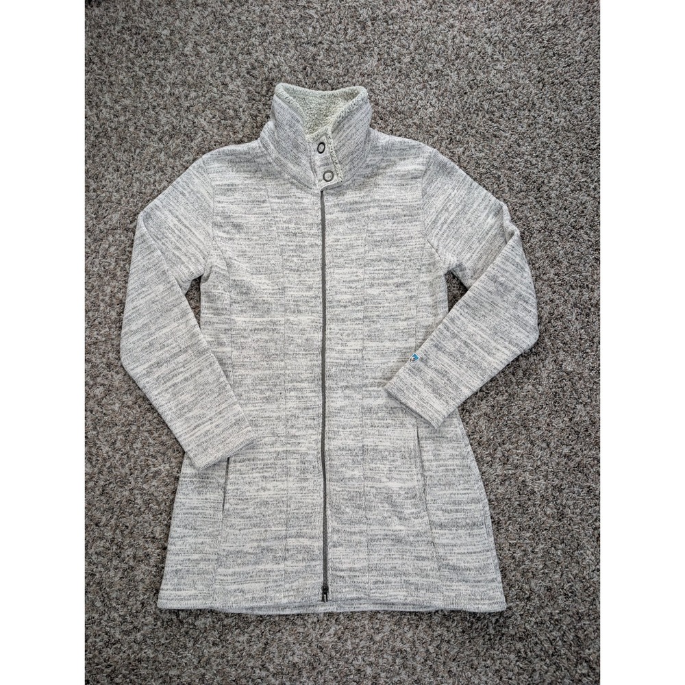 Kuhl Alska Long Full Zip Jacket Gray Heather Knit Shearling Collar Womens Large